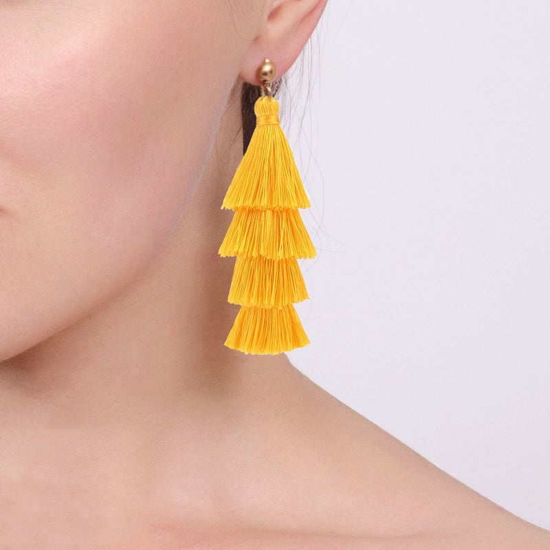 BaubleStar Fashion Tassel Dangle Earrings for Women Layered Long Bonita Tiered Yellow Thread Tassel Drop Statement Jewelry - Image 2